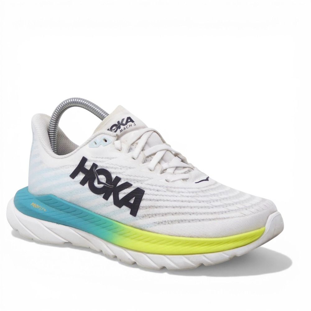 HOKA Mach 5 Women's White Running Shoe with Blue & Lime Accent - Picture 2 of 10